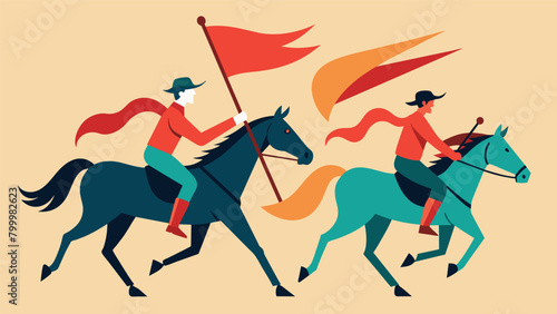 The riders carry banners and flags in one hand while expertly controlling their horses with the other displaying their skill and dexterity in a. Vector illustration