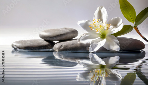 spa stones with flowers reflecting in water