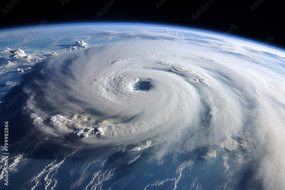 Satellite view of a hurricane from space, showing the eye of the storm and swirling clouds over the ocean