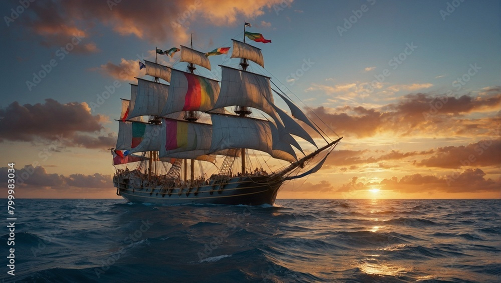 a grand VOC ship adorned with colorful flags