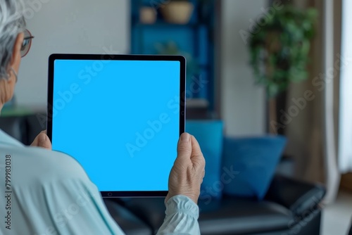 Application mockup woman in her 50s holding a tablet with a completely blue screen