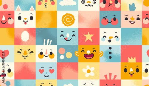 Colorful rectangle tiles with different funny faces. Cute seamless pattern for kid with smiling emoticons. Vector design for textile, wallpaper or wrapping