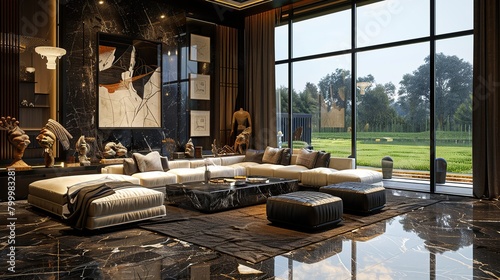 This is a living room with a large glass window, a dark marble floor, and a white sectional couch.