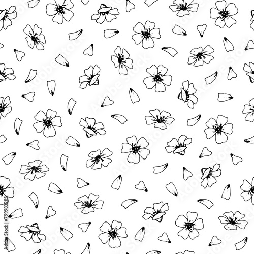 Small Flowers Vector seamless Pattern. Hand drawn Ditsy print. Outline illustration of white floral background. Tiny petals flying black line art drawing. Sketch liberty and elegant motif for fabrics © Ekaterina