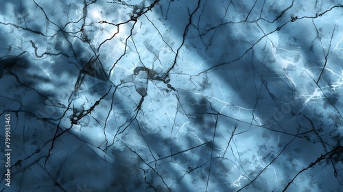 Abstract Blue Marble Texture With Black Cracks Background  Overhead View  Sunlight  Shadows