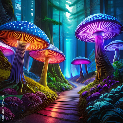 Glowing mushrooms in the woods. © saurav005