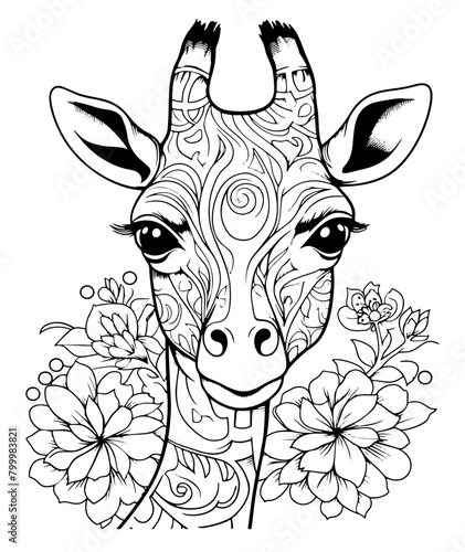 giraffe with flower , coloring page