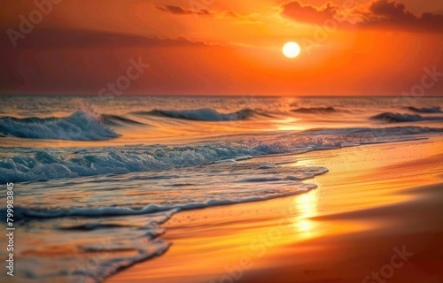 The sun sets over the ocean, casting an orange glow on the sky and wave