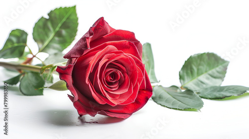 Beautiful Tender Red Rose Flower with stem Isolated on White background  beautiful single red rose lying down on a white background Beautiful dark red rose isolated on white background