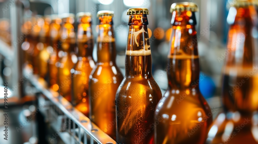Close-up view of a row of beer bottles in a brewery production line with water droplets. Close-up view of a row of beer bottles in a brewery production line with water droplets.
