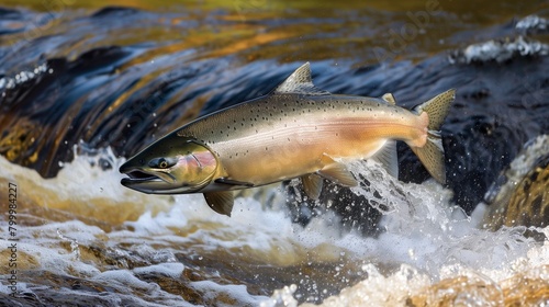 Dynamic image of a leaping salmon over river rapids, captured in high detail and vibrant colors.