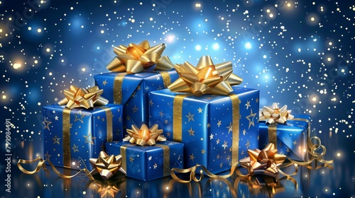 A collection of luxuriously wrapped blue and gold gift boxes with shimmering bokeh background. photo