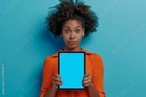 Display mockup afro-american woman in her 30s holding a tablet with a completely blue screen