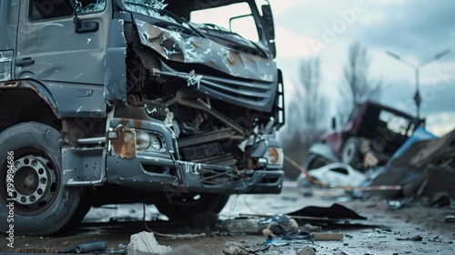 A close-up view of a severely damaged truck in a multi-vehicle accident with debris scattered all around. photo