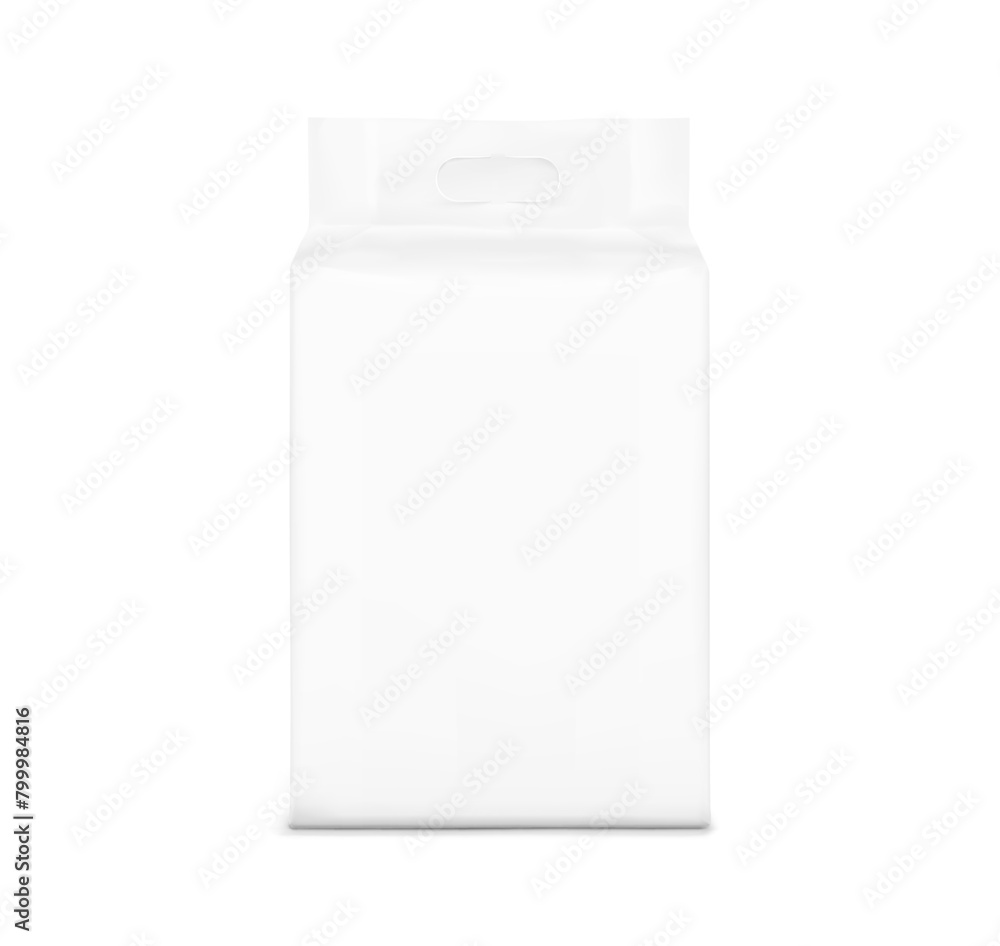 Realistic stand bag with hole handle mockup. Front view. Vector illustration isolated on white background. Ready for your design. Suite for the presentation of diaper, wet wipes. EPS10. Realistic stand bag with hole handle mockup. Front view. Vector illustration isolated on white background. Ready for your design. Suite for the presentation of diaper, wet wipes. EPS10.