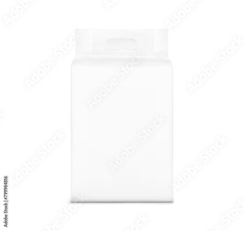 Realistic stand bag with hole handle mockup. Front view. Vector illustration isolated on white background. Ready for your design. Suite for the presentation of diaper, wet wipes. EPS10.