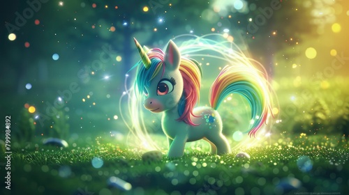 A cute little unicorn with colorful mane and tail  green grass background  glowing light effect  white magical circle around the horse