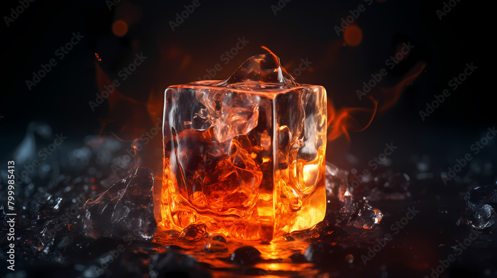 A square ice cube with fire inside A square ice cube with fire inside