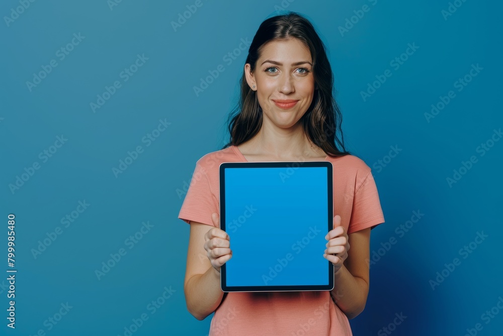Ui mockup caucasian woman in her 40s holding a tablet with a completely blue screen Ui mockup caucasian woman in her 40s holding a tablet with a completely blue screen