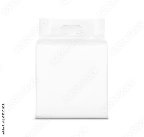 Realistic stand bag with hole handle mockup. Front view. Vector illustration isolated on white background. Ready for your design. Suite for the presentation of diaper, wet wipes. EPS10.
