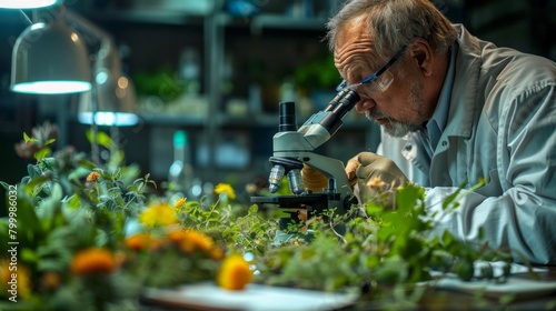 A scientist examining plant specimens under a dissecting microscope,Identifying microscopic structures photo