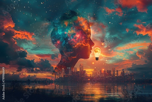 Wallpaper Mural An artistic representation blending a human profile, city skyline and a cosmic sky, evoking thoughts of dreams and aspirations Torontodigital.ca