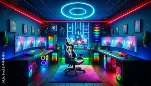 Futuristic Gaming Setup with Vibrant LED Lighting 