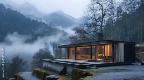 Modern Teahouse in Misty Mountain Setting