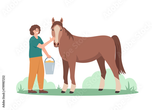 Farmer woman taking care of brown horse. Female character feeding horse isolated on white background. Farming concept Vector illustration.