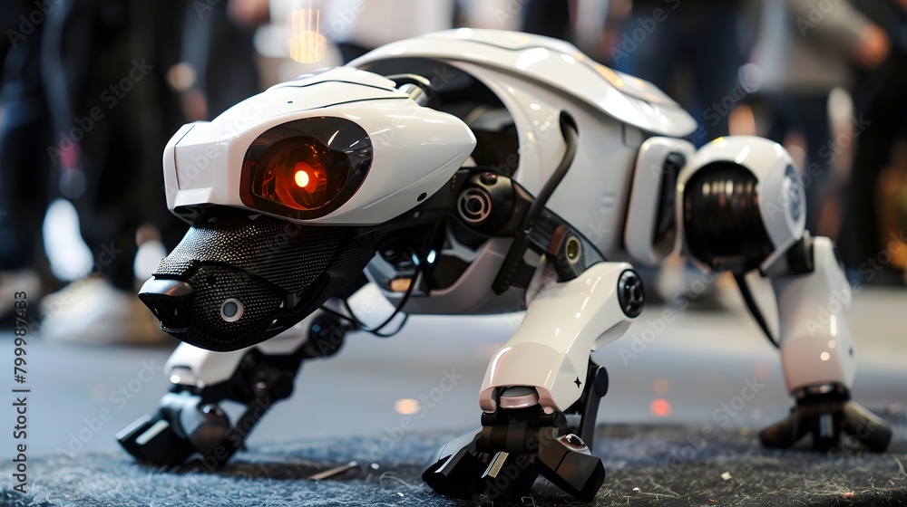 Futuristic Robotic Dog with Glowing Red Eye in a Modern Technology Exhibition Futuristic Robotic Dog with Glowing Red Eye in a Modern Technology Exhibition