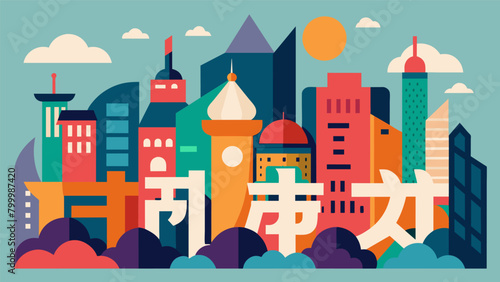 A mural of a cityscape with words scribbled in different languages embodying the idea of unity and cultural diversity.. Vector illustration