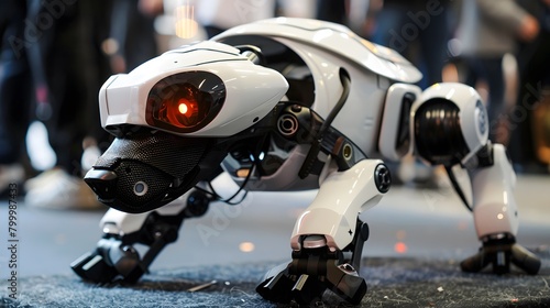 Futuristic Robotic Dog with Glowing Red Eye in a Modern Technology Exhibition