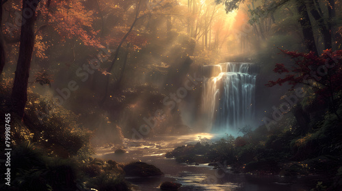 Misty Waterfall in Enchanted Forest with Golden Sunlight