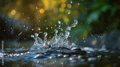 Dynamic Water Splash Capturing Glistening Droplets Against a Blurred Golden Background