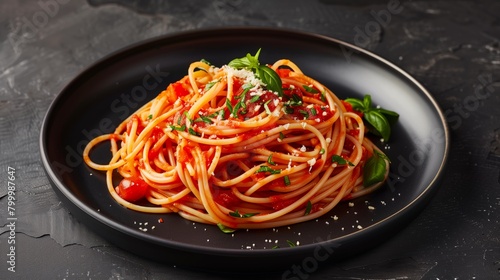 A plate of spaghetti with tomato sauce, garnished with basil and grated cheese.