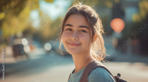 Portrait of Smiling Teenager Outdoors with Soft Focus Urban Background