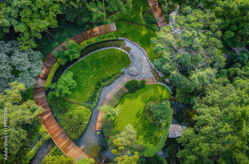 A top-down view of an elegant Japanese garden with a small pond, reflecting the surrounding greenery and creating a tranquil atmosphere