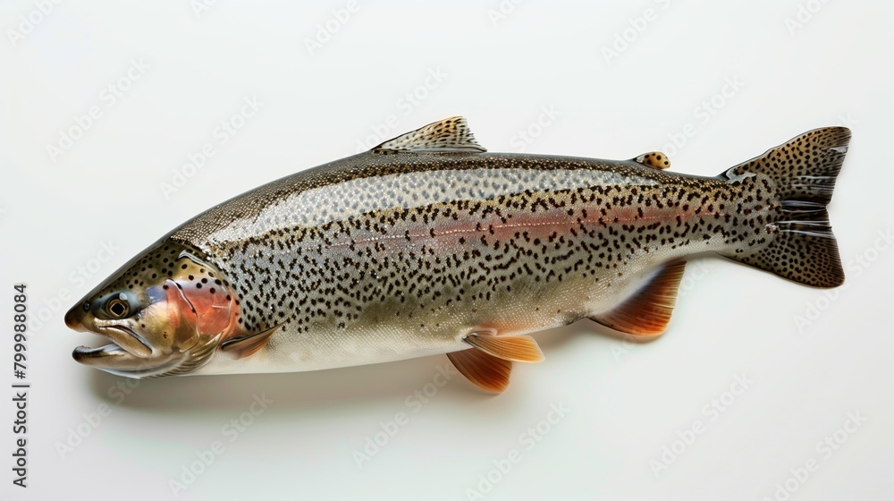 Detailed close-up of a rainbow trout isolated on a white background, showcasing vibrant skin patterns. Detailed close-up of a rainbow trout isolated on a white background, showcasing vibrant skin patterns.