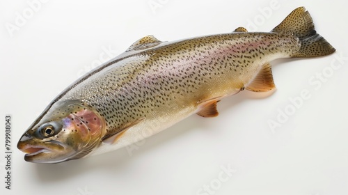 Isolated side view of a vibrant rainbow trout against a white background.
