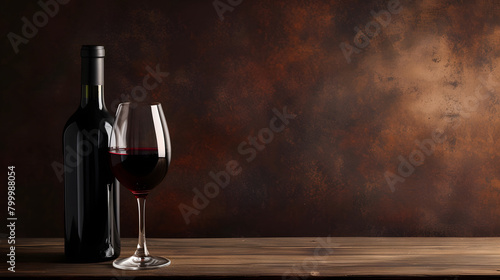 Red Wine Bottle and Glass on Rustic Wooden Table with Empty Space for Text