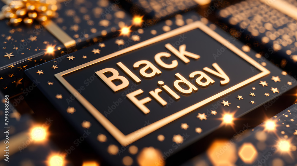 Luxurious Black Friday Concept with Golden Stars and Glowing Lights Luxurious Black Friday Concept with Golden Stars and Glowing Lights