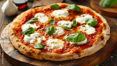 Delicious margherita pizza with fresh basil and mozzarella cheese on a wooden board.