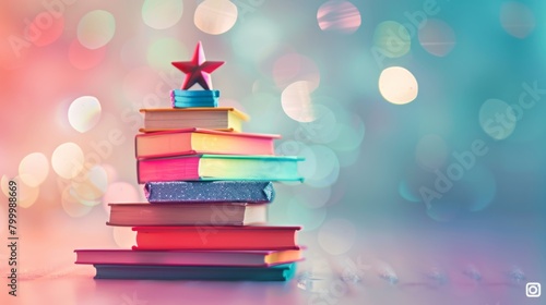 A vibrant stack of books topped with a red Christmas star, against a bokeh light background.