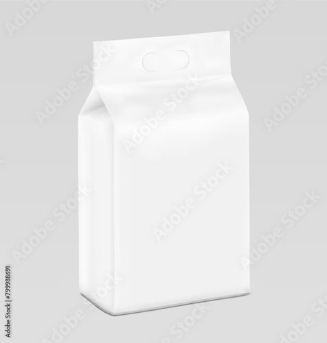 Realistic stand bag with hole handle mockup. Half side view. Vector illustration isolated on grey background. Ready for your design. Suite for the presentation of diaper, wet wipes. EPS10.