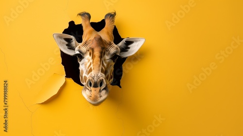 A giraffe s head poking through a torn hole on a bright yellow background.