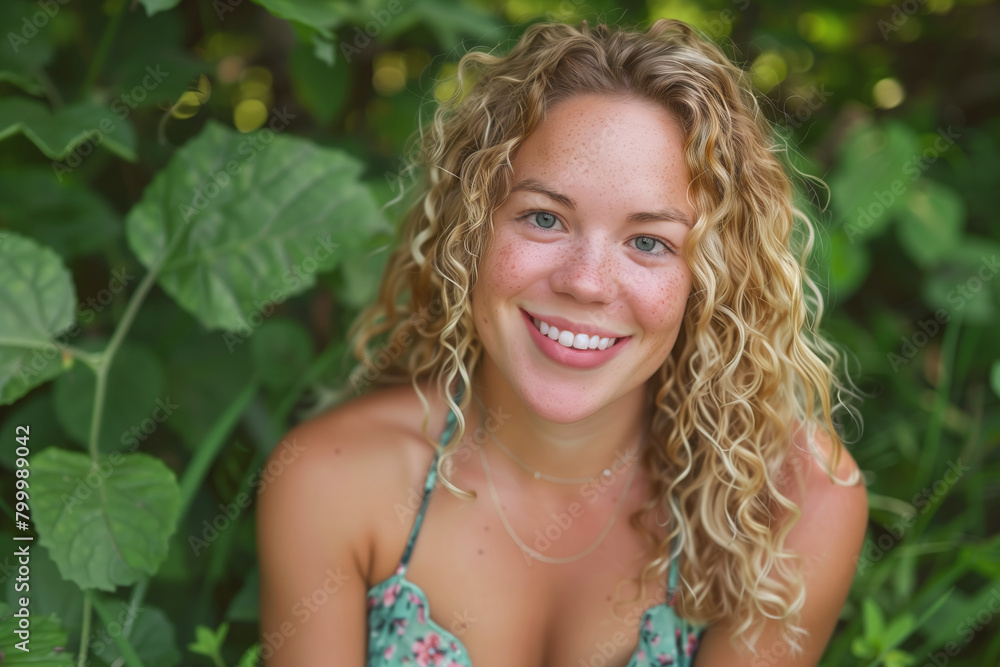 Image of pretty young woman with curly blond hair, , summer dress, joyfully enjoying her time outdoors, nestled among greenery. Vibrant and engaging portrait captures happiness, carefreenes. Image of pretty young woman with curly blond hair, , summer dress, joyfully enjoying her time outdoors, nestled among greenery. Vibrant and engaging portrait captures happiness, carefreenes.