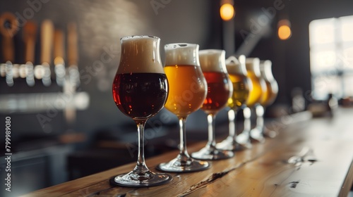 Line of various types of beer in elegant glasses on a bar counter, with taps in the background. photo