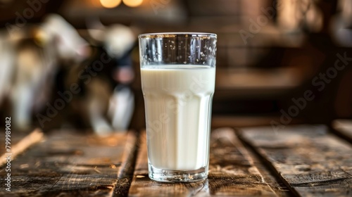 A glass of fresh milk sits on a rustic wooden table, with a warm, homely atmosphere. photo