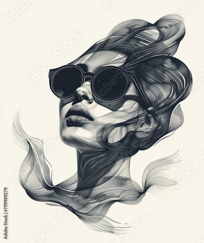 Artistic Monochrome Illustration of Woman with Sunglasses and Flowing Hair