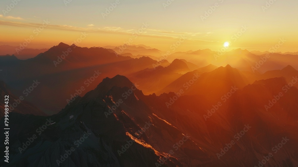 Naklejka premium A panorama of a breathtaking sunset over a vast mountain range, showcasing the dramatic peaks bathed in warm light